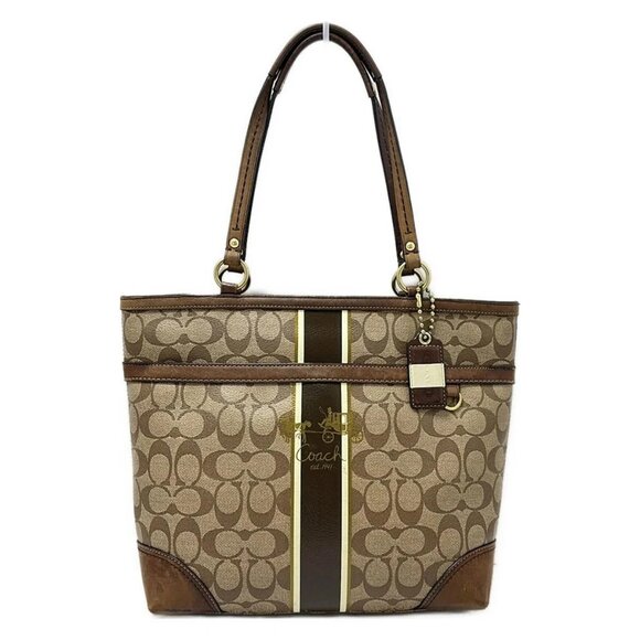 Auth COACH Heritage Signature Striped Tote 12358 Khaki Brown Multi PVC Leather - Picture 1 of 9
